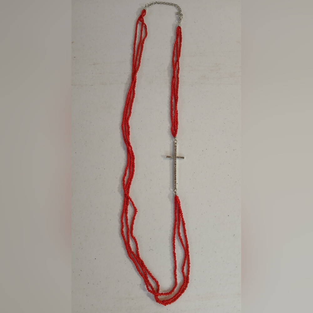 Vibrant Red Beaded Necklace with Cross Pendant
